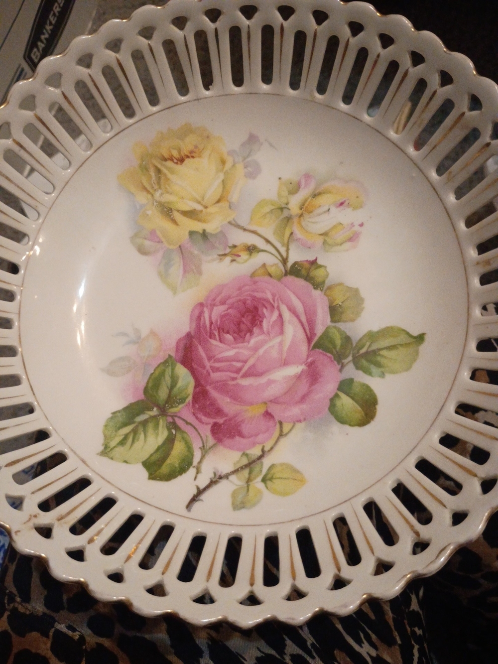 Decorative Porcelain Rose Plate in Pink and Yellow